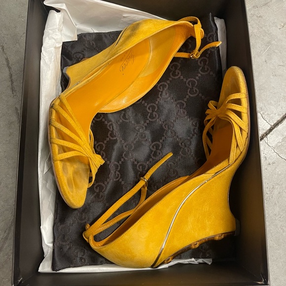 Mustard, yellow suede, Gucci wedges - Picture 6 of 7